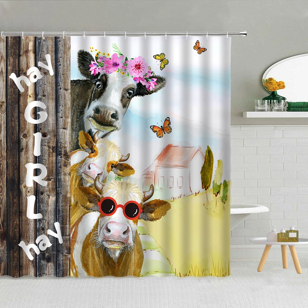 

Interesting Cute Cows Farm Flower Butterfly Shower Curtain Waterproof Polyester Fabric High Quality With Hook Bath Screen Decor