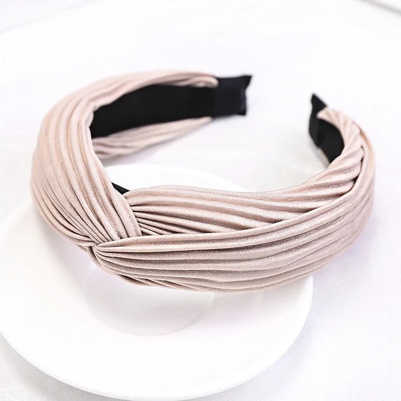Koren Fashion Women Headband Cross Knot Crumpled Cloth Solid Hairband Adult Soft High Elastic Hair Band Female Hair Accessories - Цвет: Бежевый