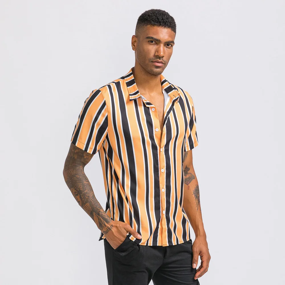 Mens Striped Printed Chest Pocket Turn Down Collar Short Sleeve Casual Shirts#4O23