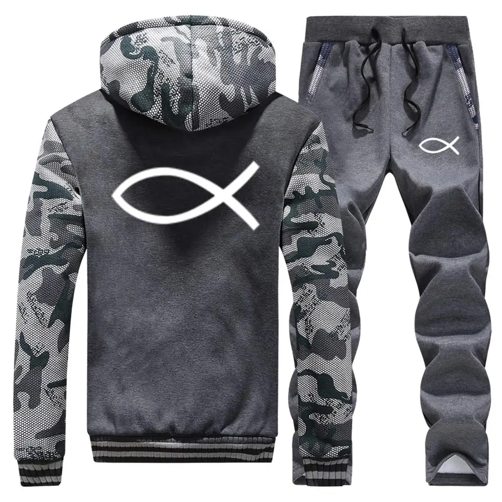 Christian JESUS fish Hoodies Trousers Warm Fleece Zip Jacket+Pants 2 Piece Sets Fashion Brand Coat Winter Mens Tracksuit Suit