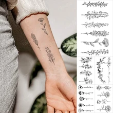 Waterproof Temporary Tattoo Sticker Bouquet Flower Lavender Branch Small Black Tatoo Arm Wrist Hand Women Glitter Tattoos Kids