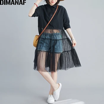 

DIMANAF Plus Size Blouse Shirts Women Clothing Summer Mesh Pleated Spliced High Street Chic Loose Female Lady Tops Shirts Tunic