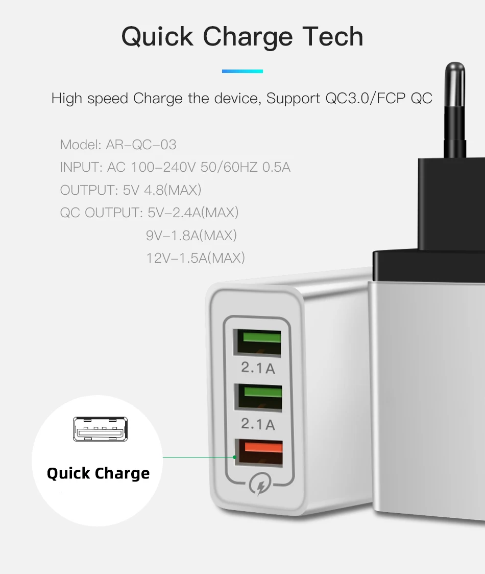 !ACCEZZ Universal 18W Quick Charge 3.0 Charger Adapter For iphone Samsung s7 s10 plus Travel Wall Charging 3usb EU Plug Charger (7)