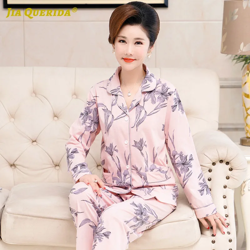 2020 Spring Long Sleeve Long Pants Pajama Set Pijamas Women Turn Down Collar Printing Pajamas Front Pocket Plus Size Sleepwear