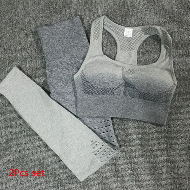 Black gray 2pcs set Комплект из 2 предметов для йоги с вырезами, Женский бесшовный для спорта, спортивная одежда, одежда для фитнеса, женские леггинсы для спортзала с высокой талией, спортивные костюмы - Цвет: Black gray 2pcs set