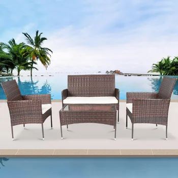 

4-Piece Sectional Rattan Patio Furniture Wicker Conversation Garden Lawn Outdoor Sofa Set Cushioned Seat Tempered Glass Table