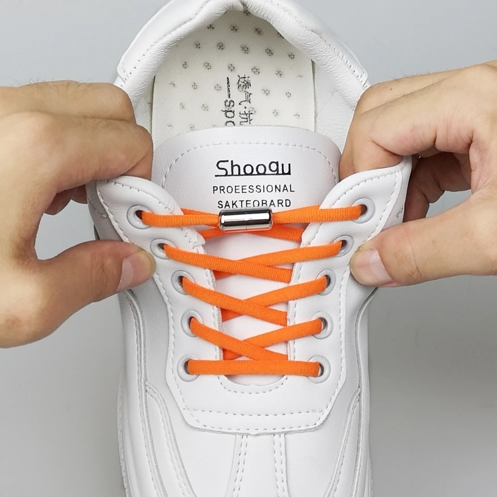 1Pair No tie Round Elastic Shoelaces Special Metal Lock for Men Women
