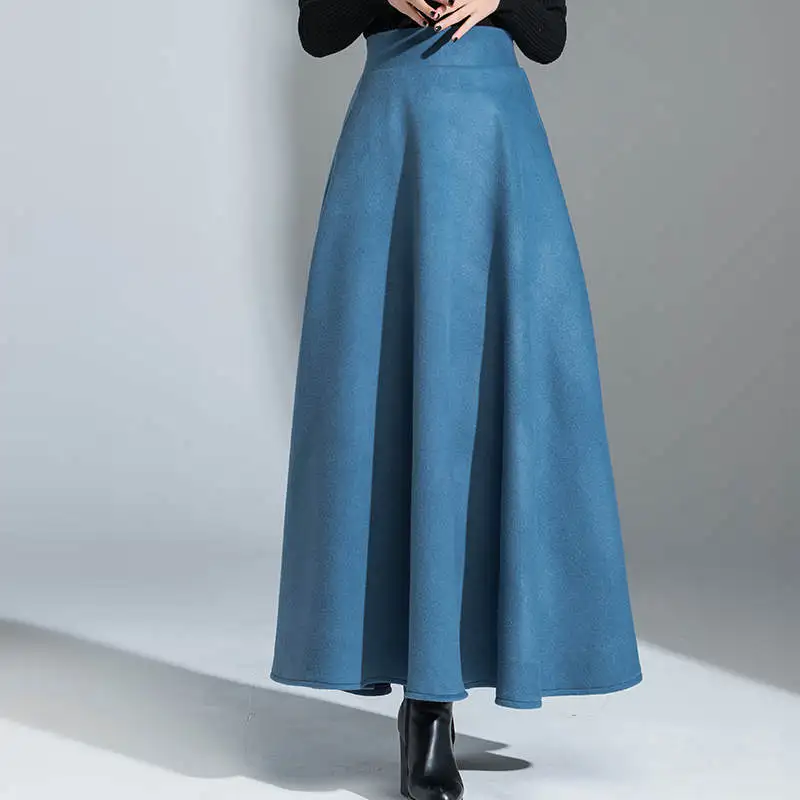Осенне-зимняя Длинная шерстяная юбка женские большие размеры Макси Вечерние шерстяные юбки, женские Юпи Элегантная черная юбка с высокой талией Faldas C5825 - Цвет: blue