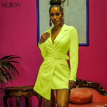 

KLALIEN Autumn fashion Neon mini Dresses Womens Notched Long Sleeve Casual High Street Mini Dress With Belt Clothing 2019
