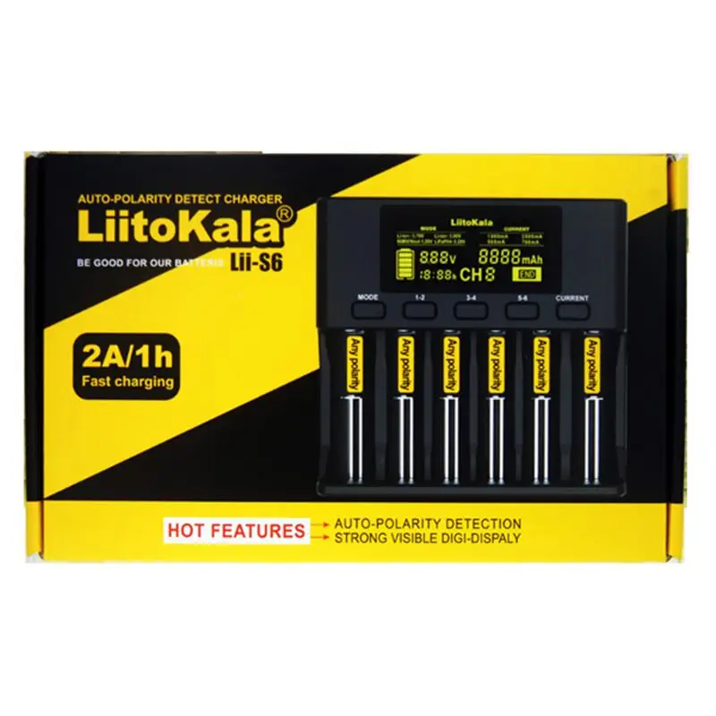 

LiitoKala Lii-S6 18650 3.7V Lithium Charger 6 Slots LCD Screen Display Smartest Battery Smart Batteries Charger US/EU Plug