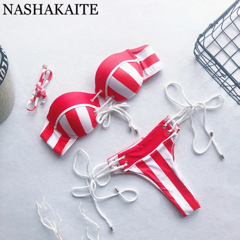 Women Red NASHAKAITE одинаковые парные наряды, полосатая чашка пуш-ап, Женский комплект бикини, шнурок, пляжные мужские шорты для плавания, парный купальник - Цвет: Women Red