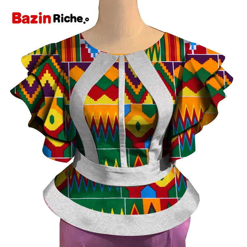 Африканская одежда для женщин с оборками и рукавами с высокой талией Анкара принт плюс размер Леди Мода Топ Африканский Дашики печати