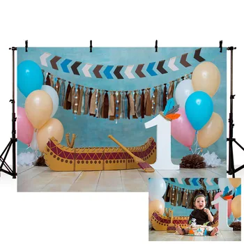 

Mehofond Blue Backdrops Ship Paddle Ribbon Balloon One 1st Birthday Party Children Photography Backgrounds for Photo Studio