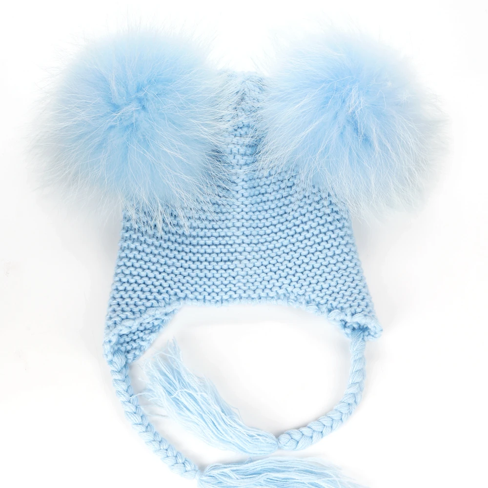 15CM POMPOM Детская зимняя шапка мяч из натурального меха енота помпон шапочки для детей мальчиков и девочек Теплые шапки с защитой ушей - Цвет: 15CM POMPOM