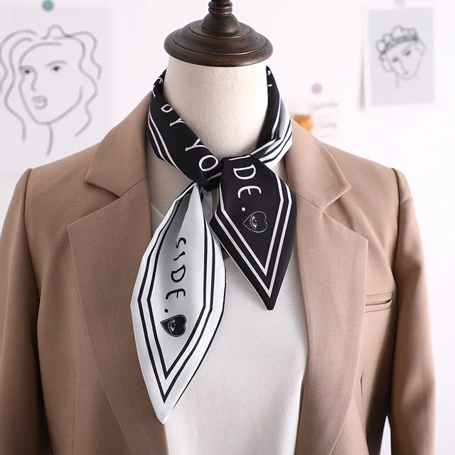 Sweet Love Print Women Small Silk Scarf Handle Bag Ribbons Female Head Scarves Sharp angle Green 90*10cm 14