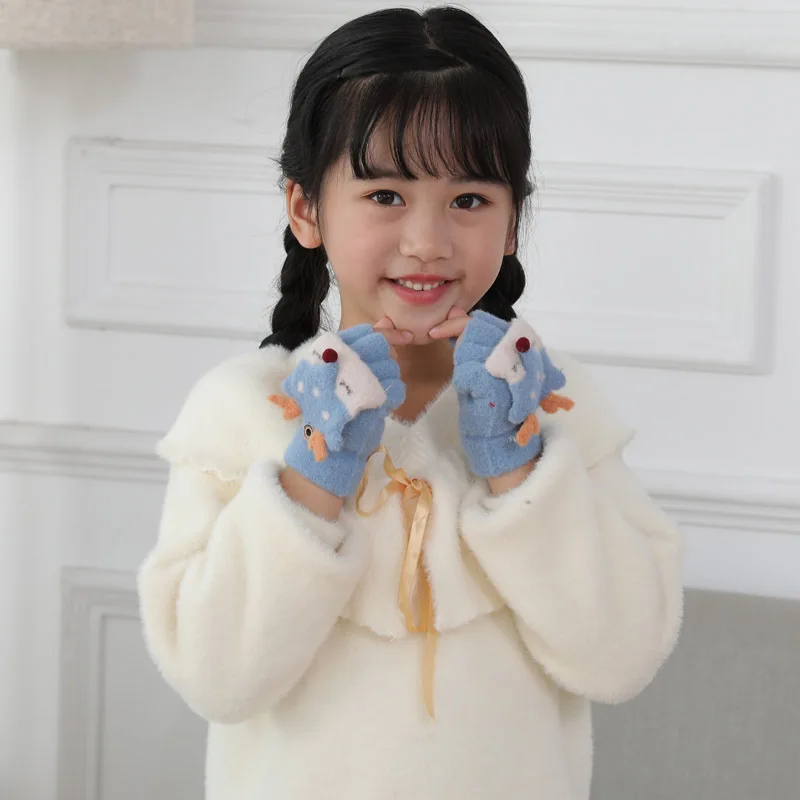Lovely 4-9 Years Old Children Winter Warm Cartoon Fox Knit Mittens Boy/Girls Fur Wool Knit Kids Soft Half Finger Flip Gloves I40