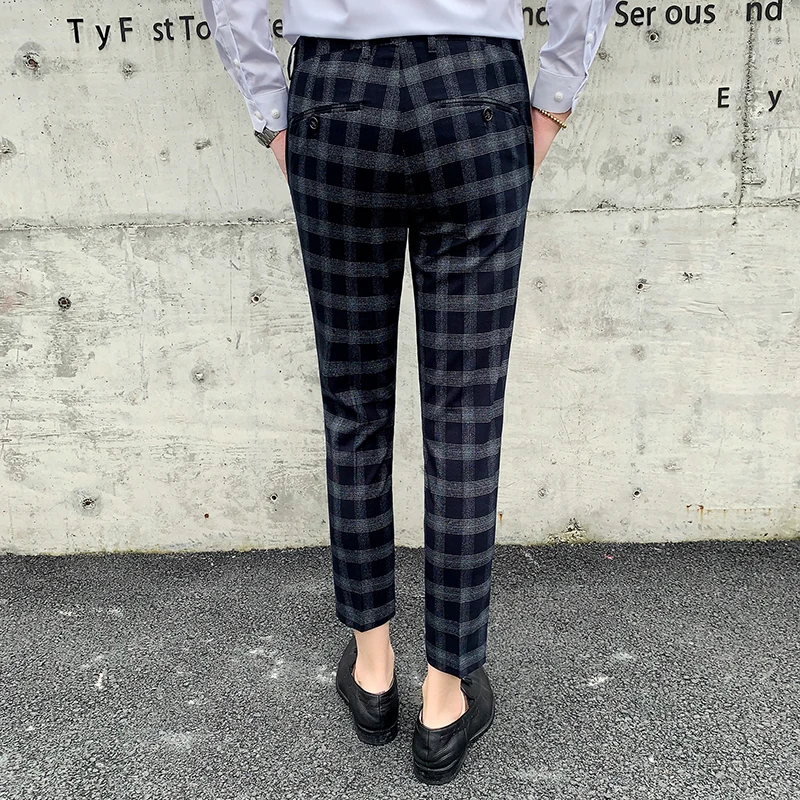 Suit pants summer men's slim plaid pants men's fashion plaid stretch  feet trousers men's business casual nine points pants