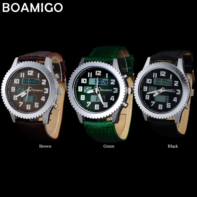 BOAMIGO2020 New Men Watch Dual Time Zone Military Digital Analog Quartz Chronograph Sports Watch Waterproof Leather LED Watch
