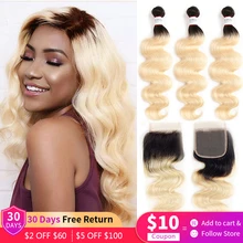 

613 Body Wave Bundles With Closure Brazilian 9A Remy Human Hair 3 Bundles With 4x4 Lace Closure Ombre Honey Blonde Hair Euphoria