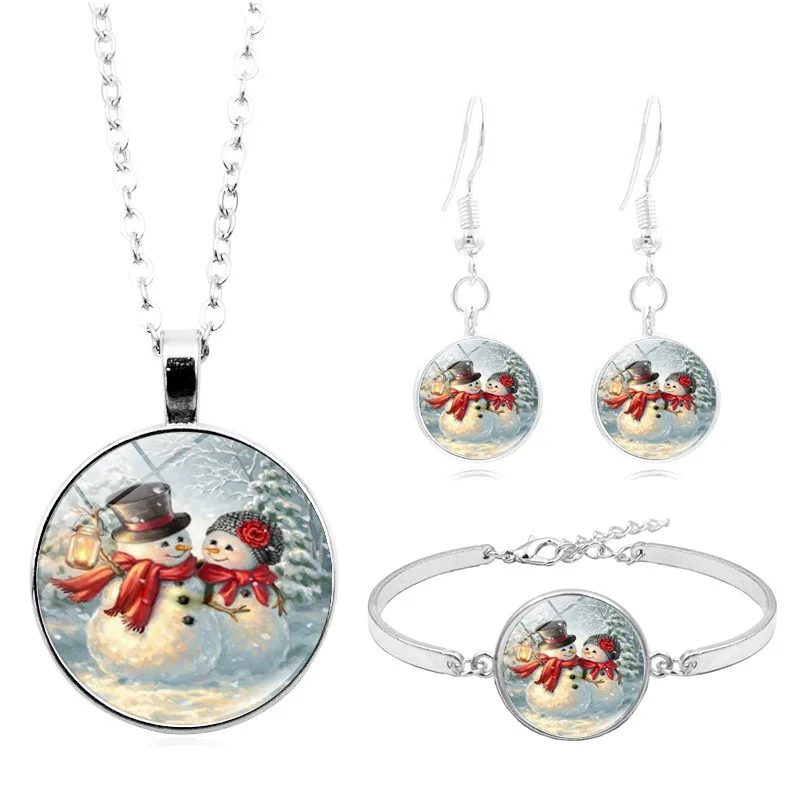 

Accessories Christmas Snowman Time Stone Necklace Set Silver Bracelets Ear Stud Jewelry Set