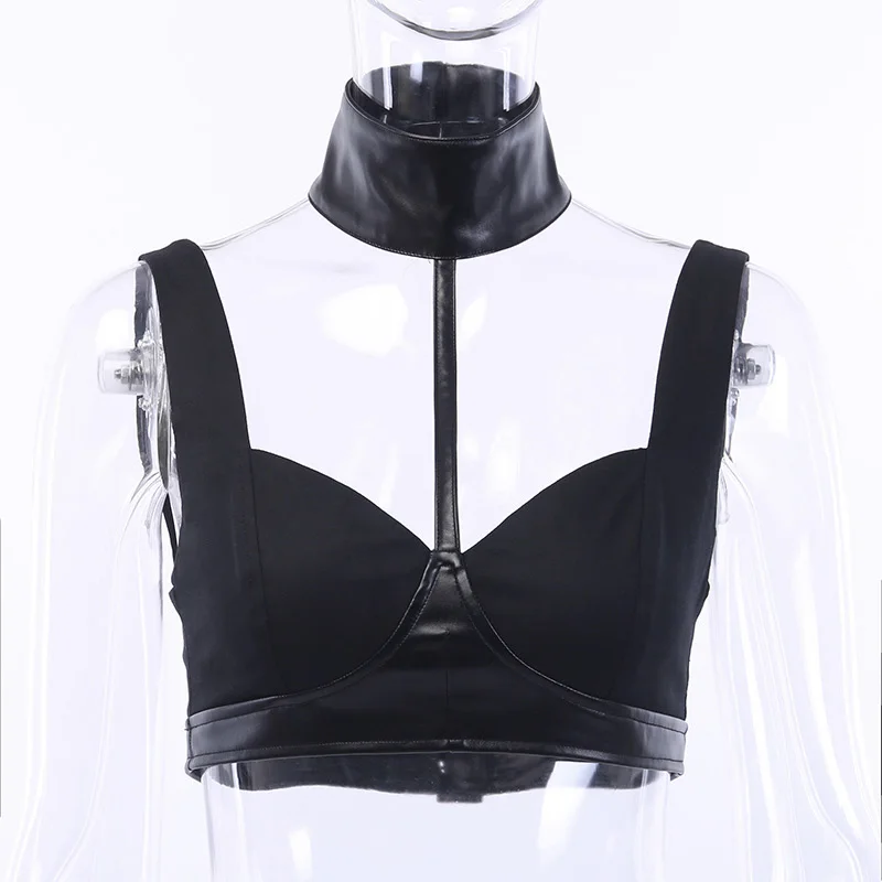 Fitshinling чокер в готическом стиле бюстгальтеры из искусственной кожи в стиле пэчворк тонкий сексуальный черный камзол Дамский Готический Темный Harajuku открытая спина женский топ