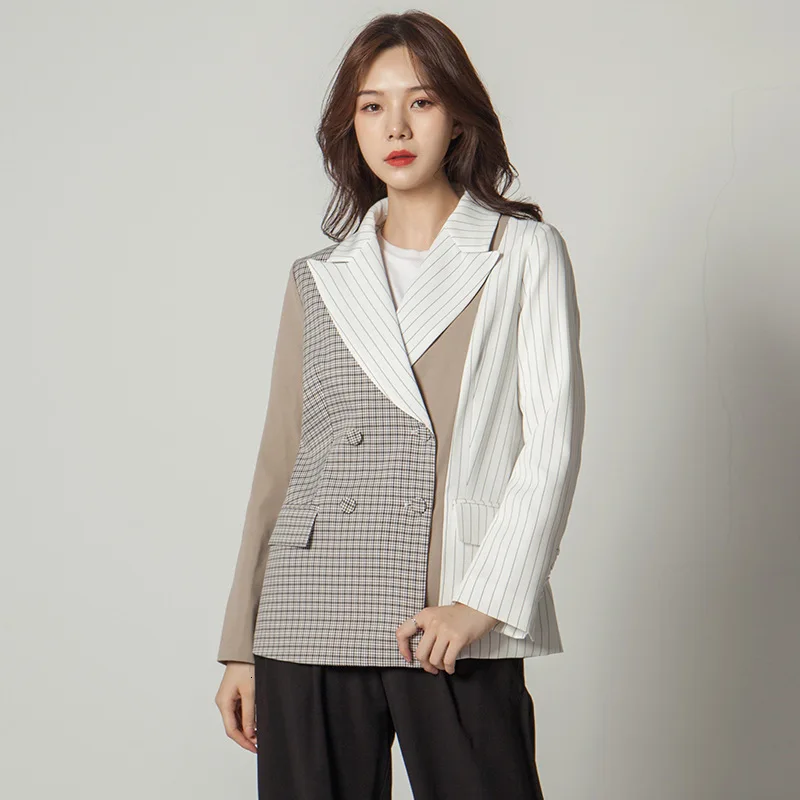 LANMREM Spring New Pattern Casual Stitching Striped Long Sleeve Fashion Trend Blazer Female Double Breasted Notched AI935