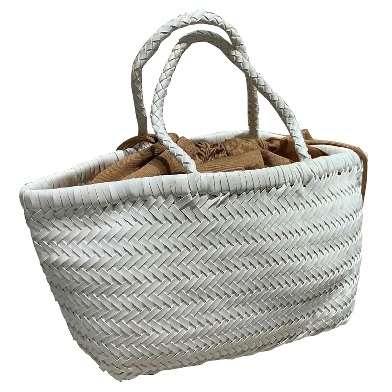 ABZC-New Thai Straw Bag Single Shoulder Beach Rattan Package Holiday Handbag Handmade Seaweed Woven Bag White