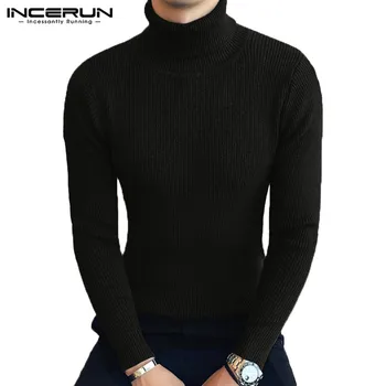 

2020 Fashion Mens Turtleneck Sweater Solid Color Knitted Long Sleeve Chic Slim Fit Korean Style Men Sweaters Pullovers INCERUN