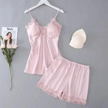 

Women Sexy Pajamas Sets Solid Color Lace Sleeveless V-neck Top+Shorts 2 Pcs Fashion Sleepwear Nightwear Lingerie Underwear Set