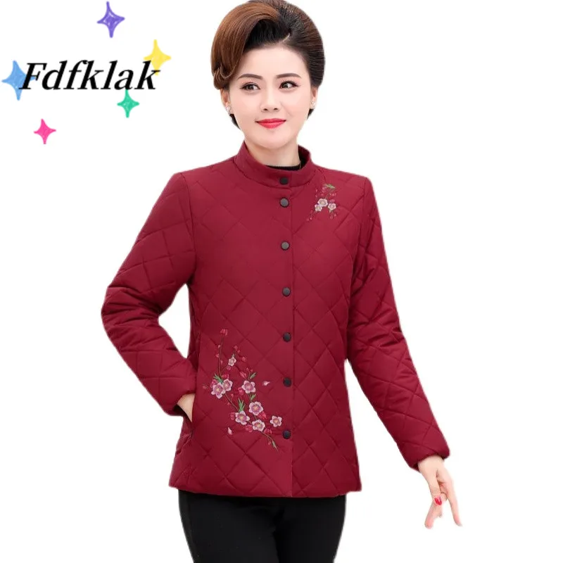 

Fdfklak Middle-Aged Women's Embroidered Cotton-Padded Jacket Winter Jacket Ethnic Large-Size Coat Parka Kurtka Zimowa Damska