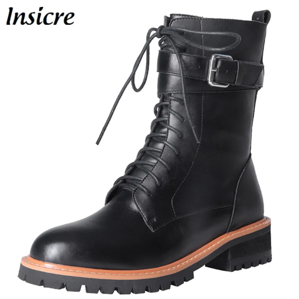

Insicre Women Middle Heel Cow Leather Round Toe Mid Calf Boots Fashion Buckle Lace Up Zipper Over The Knee Boots Size 34-39