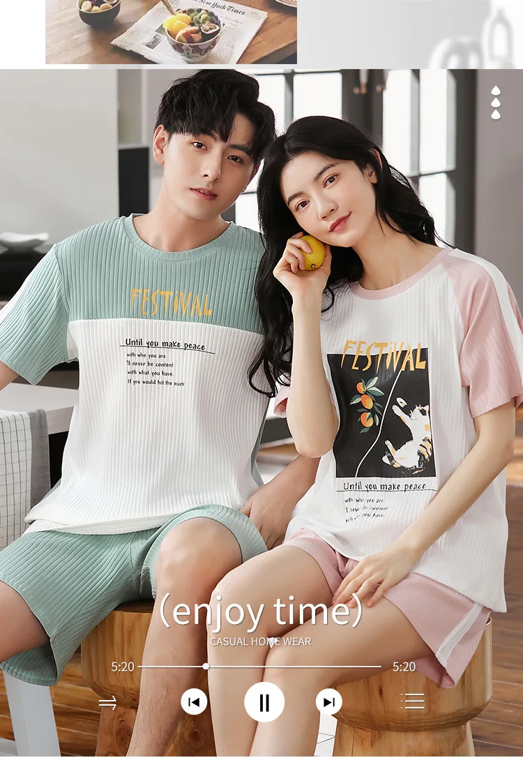 Summer Men Pajamas Set Cute Cartoon Print Blue Short Sleeve Sleepwear Soft Loose O-Neck Male Nightwear Plus Size Men 's Homewear cotton short pyjamas