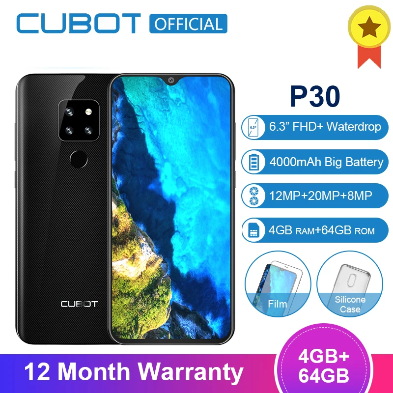 Cubot P30 Android 9.0 4GB 64GB Smartphone 6.3'' FHD+ Waterdrop Screen 2340*1080 MT6763 Octa Core 40