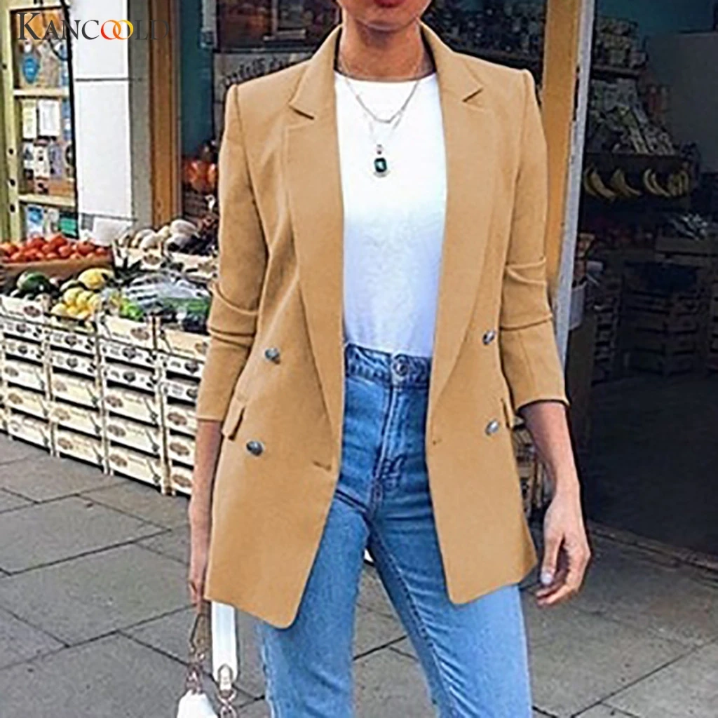 

KANCOOLD Winter Woman Blazer Jacket Coat Double Breasted Cotton Chic Long Suit Female Khaki Blue Casual Fashion Cardigan 09