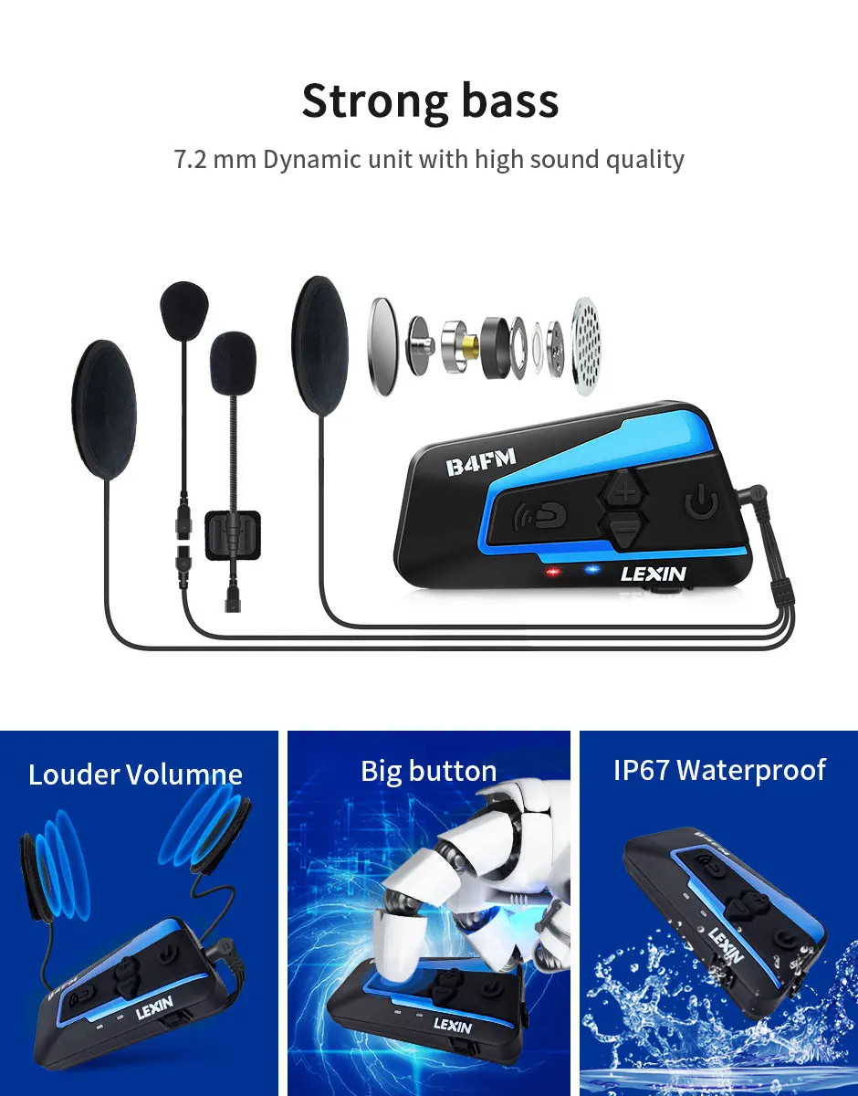 Гарнитура Lexin для мотоциклетного шлема Bluetooth FM радио 4 канала внутренняя связь
