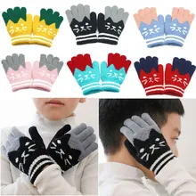 Детские зимние теплые варежки из искусственной шерсти для мальчиков и девочек с милым рисунком кота, в полоску, контрастного цвета, тянущиеся лыжные перчатки на весь палец, ручная война