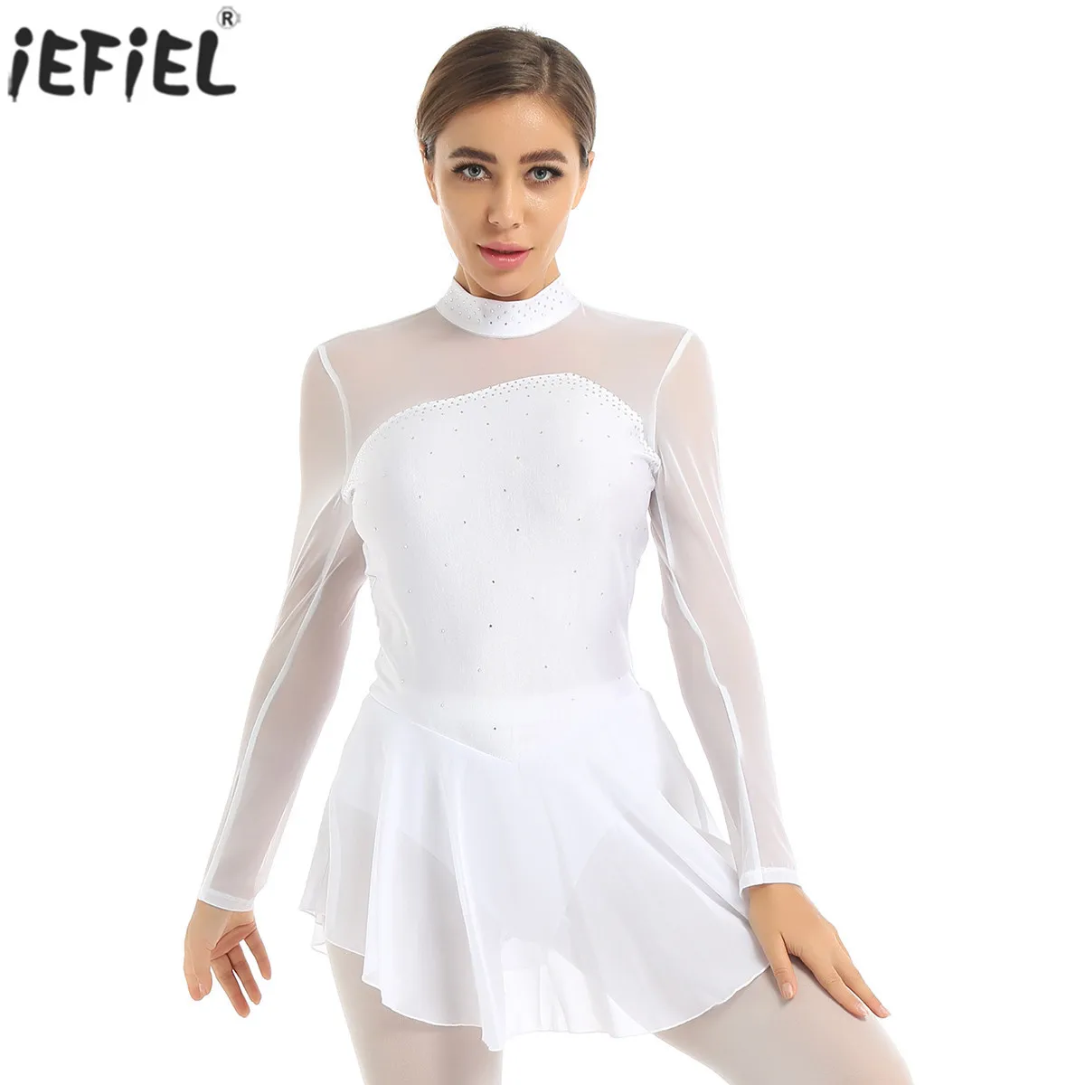 

Women Ballet Dress Shiny Rhinestones Sheer Mesh Long Sleeves Dress Keyhole Back Opening Figure Dance Ice Skating Leotard Dress