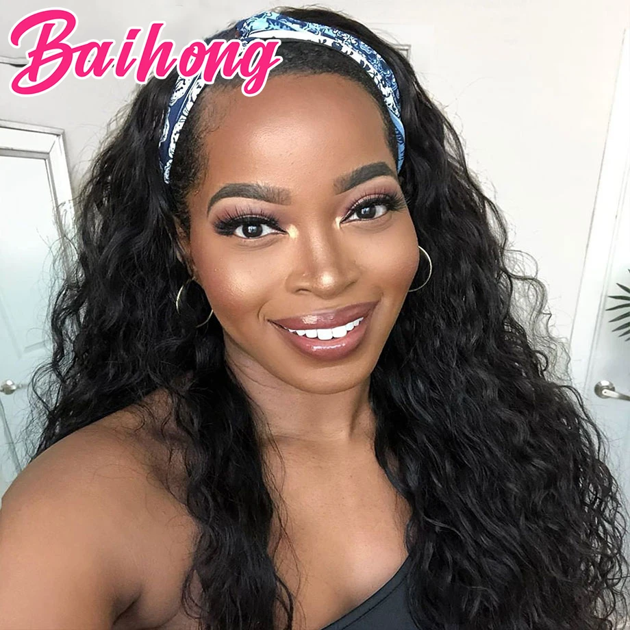 Headband Wig Human Hair Water Wave 30 Inch Peruvian Remy Hair 150% Density Glueless Natural Half Wig Headband Female BAIHONG