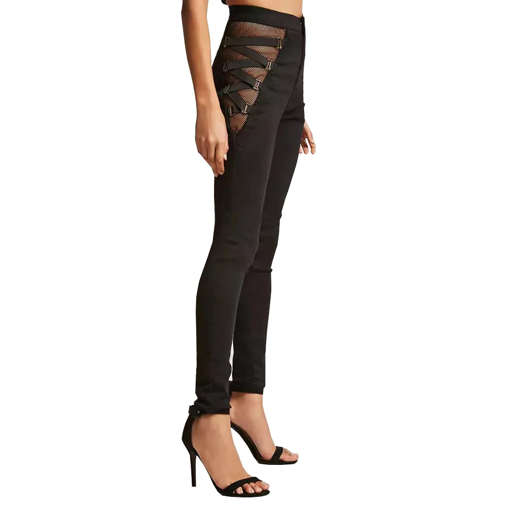 Skinny Pencil Pants Women Bandage Netted Skinny Pants WoMen Fashion Slim Cotton High Quality Denim Pencil Pants