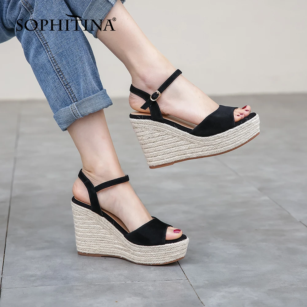 

SOPHITINA Women Sandals Fashion Platform High Heel Summer Open Toe Straw Wedges Shoes with Sexy Ankle Strap Ladies Sandals PO672