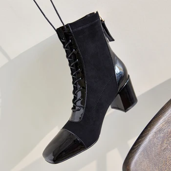 

patchwork Genuine Leather boots Concise Cross Tied square Toe high Heel Ankle Boots Shoes For Women Winter Party Shoes Woman