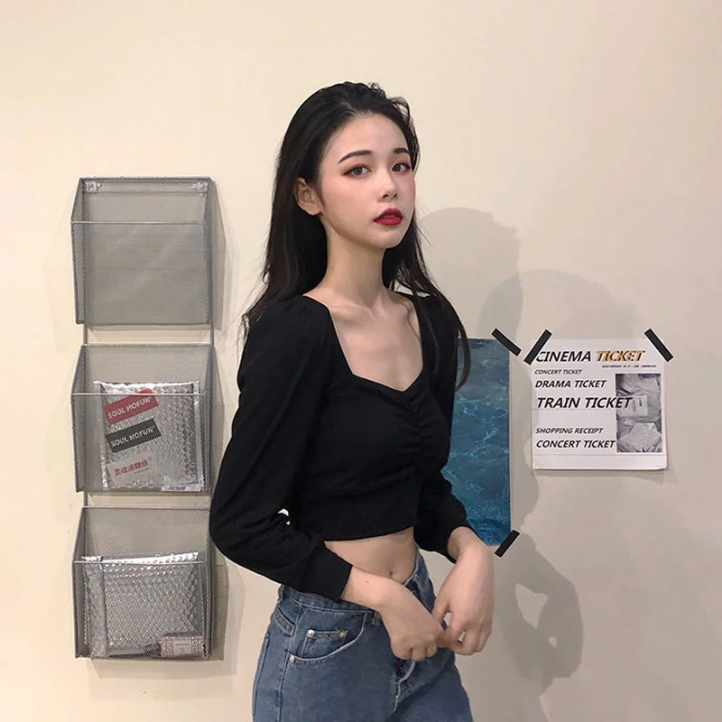 

Exposed Navel High Waist Woman Tshirts Short T-shirt Disco Crop Top T Shirt Women Exposed Clavicle With Long Sleeve Bottoming