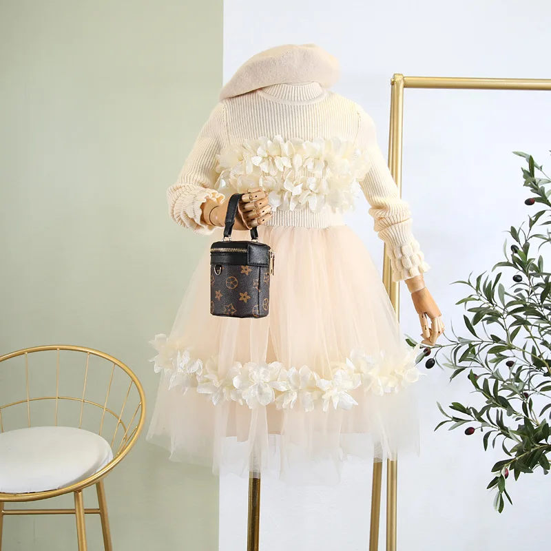 Вязаное Сетчатое платье для девочек; Новинка г.; осенне-зимняя детская одежда; платье принцессы с лепестками океана; платье с длинными рукавами