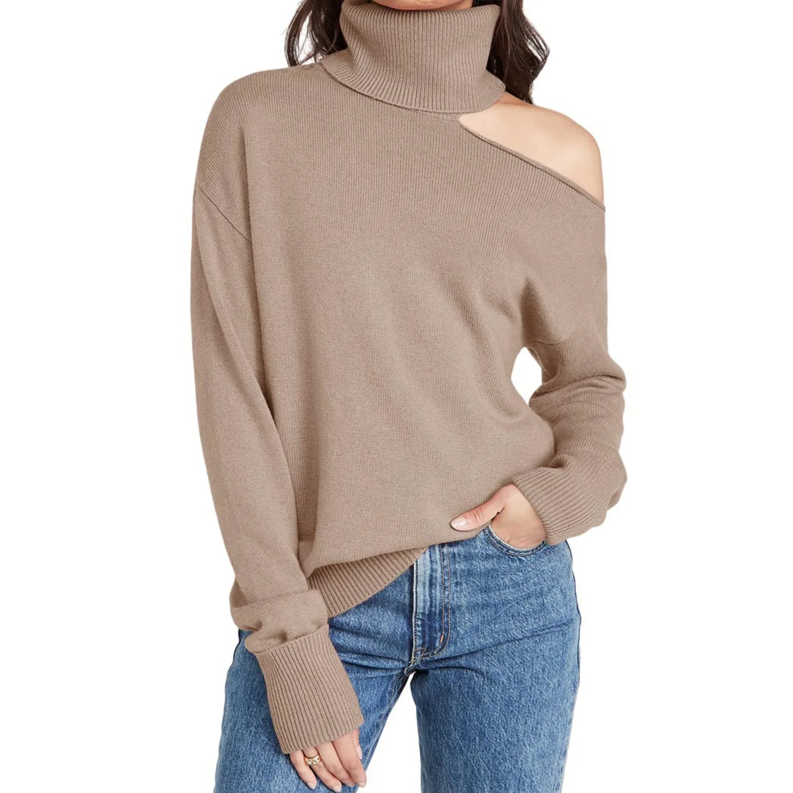 Women Leisure Daily Long Sleeve Sweater Two Lapels Leaky Shoulder Sexy Sweater Casual Solid Color Loose Long Sleeve top Pullover 1