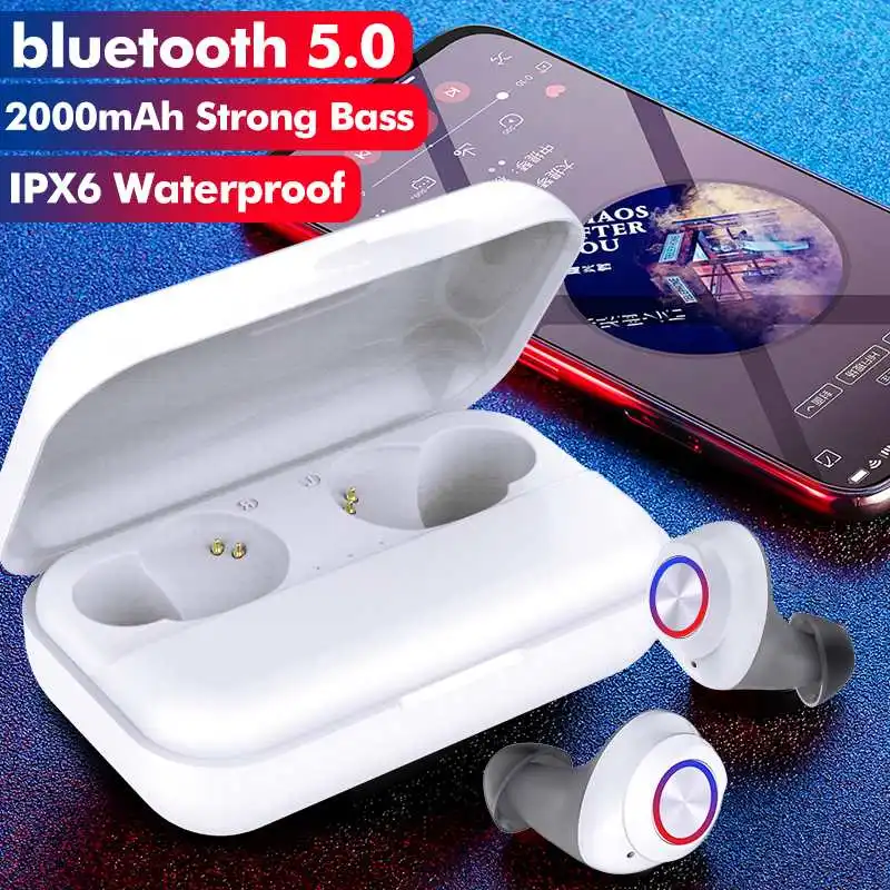 Сенсорный экран Управление мини наушник/bluetooth гарнитура bluetooth 5,0 по-настоящему Беспроводной наушники, стерео наушники, гарнитура, наушники с 2000 мА · ч зарядный чехол