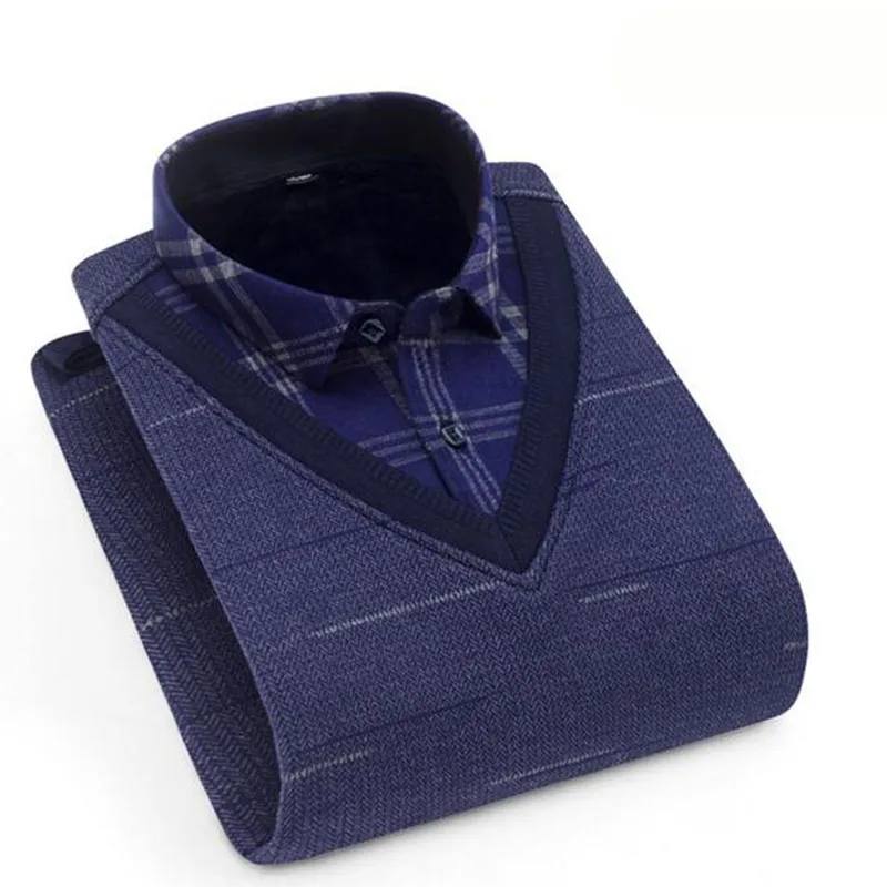 Мужской модный пуловер с длинными рукавами и отложным воротником, рубашки, имитация двух частей, дышащие удобные, с добавлением шерсти, рубашки Camisa - Цвет: blue