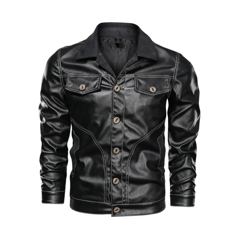 

PU Autumn Winter Jacket Tops Men 2019 Turn Down Collar Long Sleeve Cool Punk Regular Outwear Thick Plus MotorcycleTops Jackets