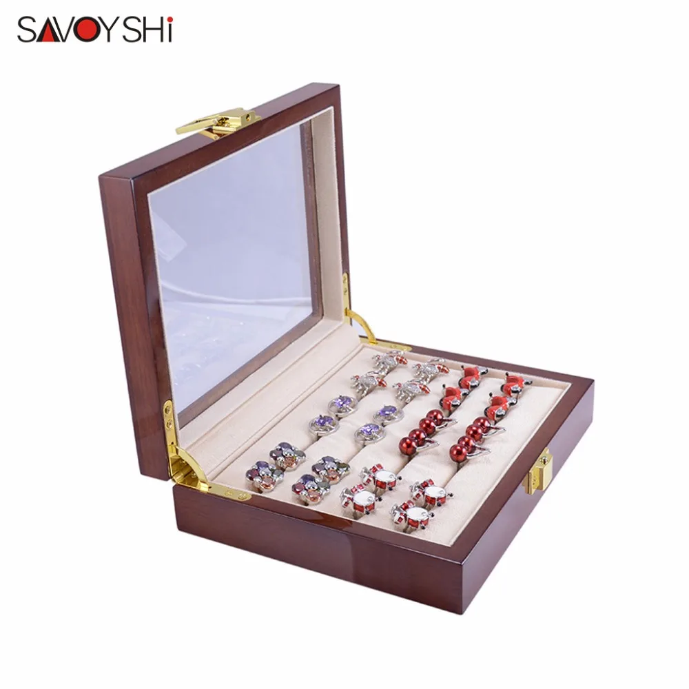 Glass Cufflinks Box for Men High Quality Painted Wooden Collection Display Box Storage 12pairs Capacity Rings Jewelry Box