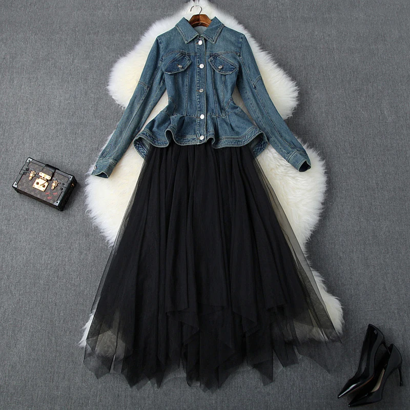 

Top Quality Runway Designer Two Pieces Skirts Set Women 2019 Autumn Fashion Peplum Denim Jacket and Long Skirt Suit Sets