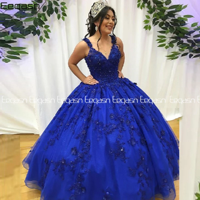 

Eeqasn королевский синий Quinceanera платья V-образный вырез Кружевная аппликация вечернее конкурсное бальное платье для девочек Vestidos De 15 лет